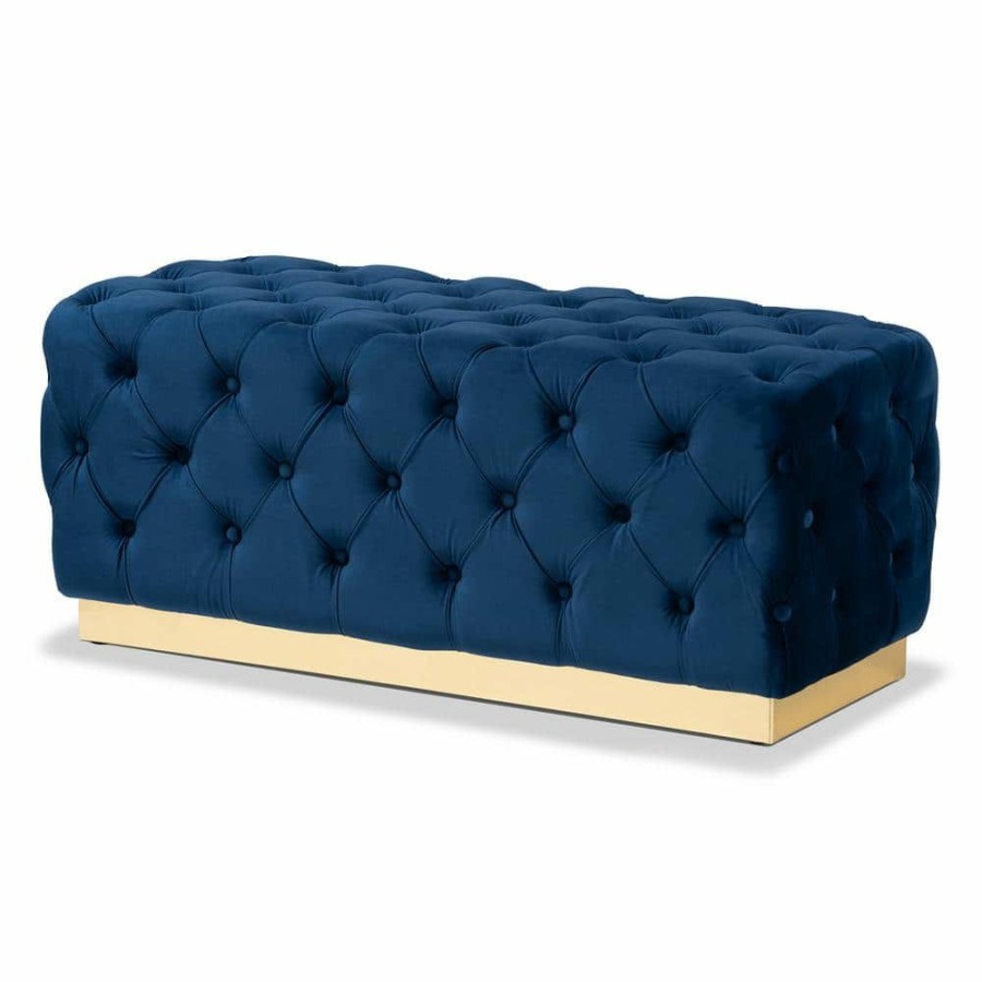 Living Room Furniture * | Corrine Navy Blue And Gold Ottoman By Baxton Studio