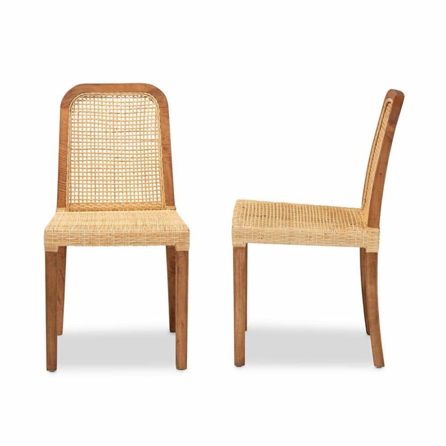 Living Room Furniture * | Caspia Natural Brown And Walnut Brown Dining Chair (Set Of 2) By Baxton Studio