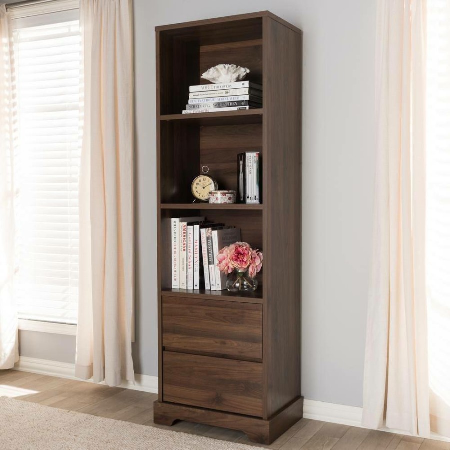 Bar Furniture * | 71.73 In. Brown Wood 3-Shelf Accent Bookcase With Drawers By Baxton Studio