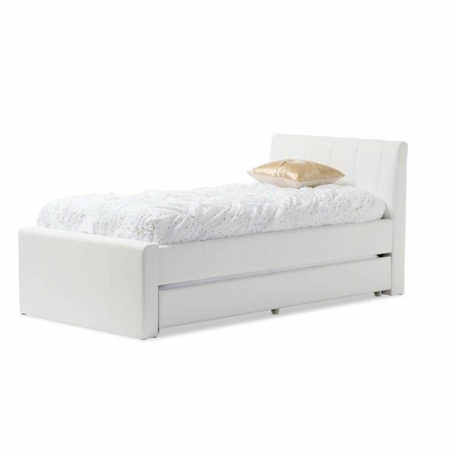 Bedroom Furniture * | Cosmo White Faux Leather Twin Size Trundle Bed By Baxton Studio