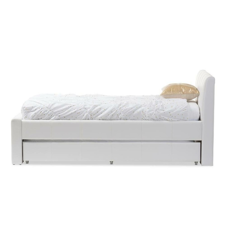 Bedroom Furniture * | Cosmo White Faux Leather Twin Size Trundle Bed By Baxton Studio