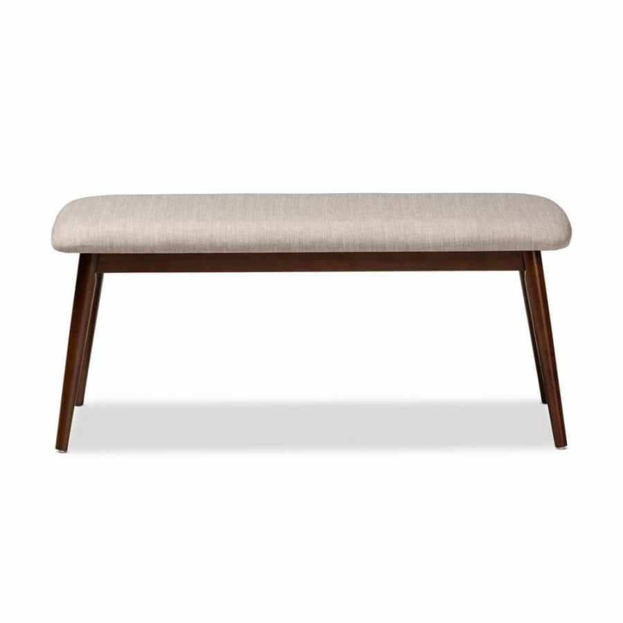 Living Room Furniture * | Flora Light Gray And Walnut Fabric Dining Bench By Baxton Studio