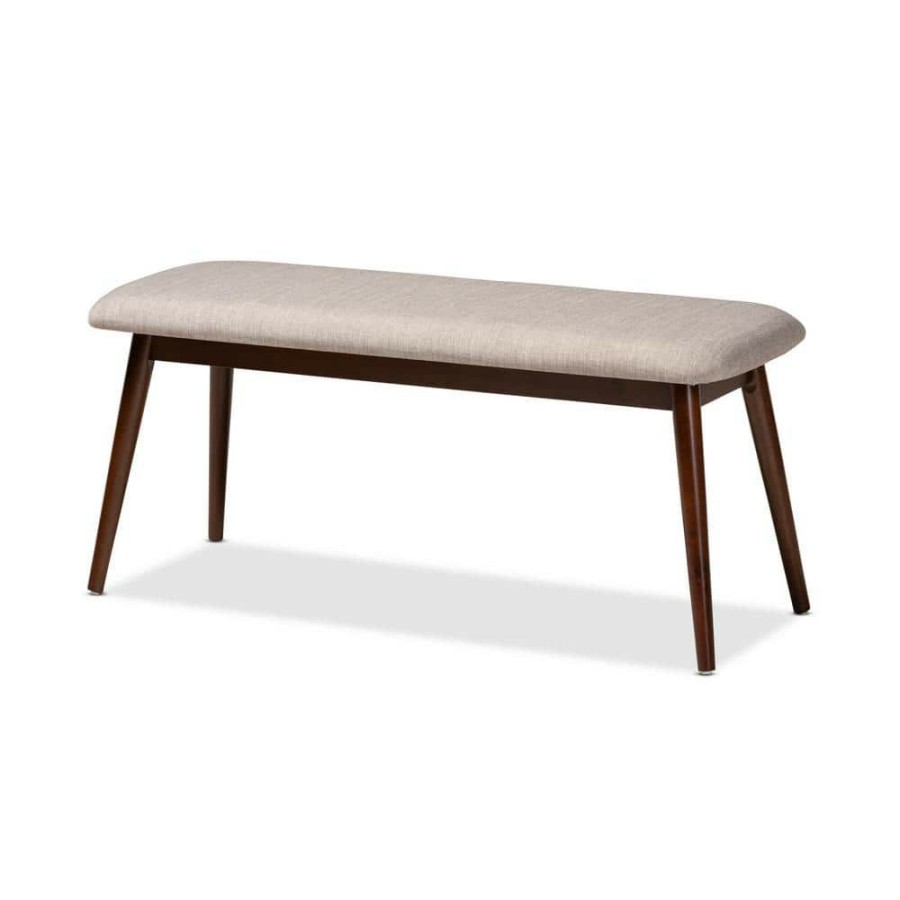 Living Room Furniture * | Flora Light Gray And Walnut Fabric Dining Bench By Baxton Studio