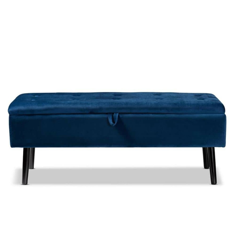 Living Room Furniture * | Caine Navy Blue And Dark Brown Storage Bench (15.9 In. H X 42.5 In. W X 15.7 In. D) By Baxton Studio