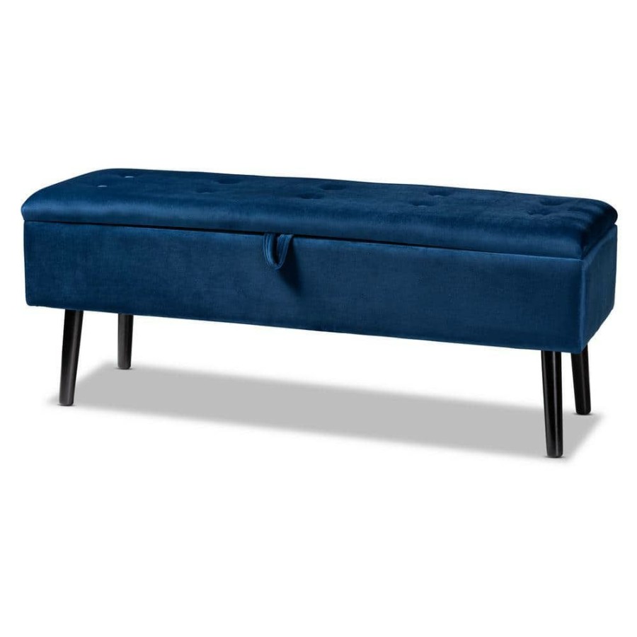 Living Room Furniture * | Caine Navy Blue And Dark Brown Storage Bench (15.9 In. H X 42.5 In. W X 15.7 In. D) By Baxton Studio