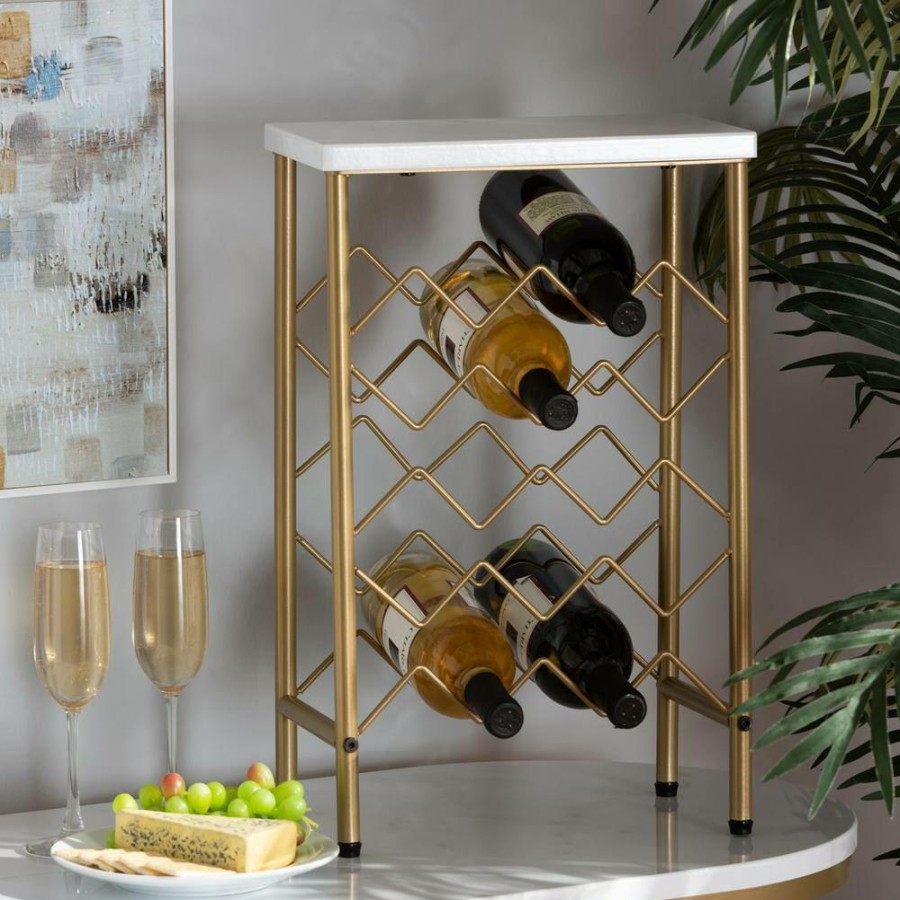 Bar Furniture * | Ramona 12-Bottle White And Gold Wine Rack By Baxton Studio