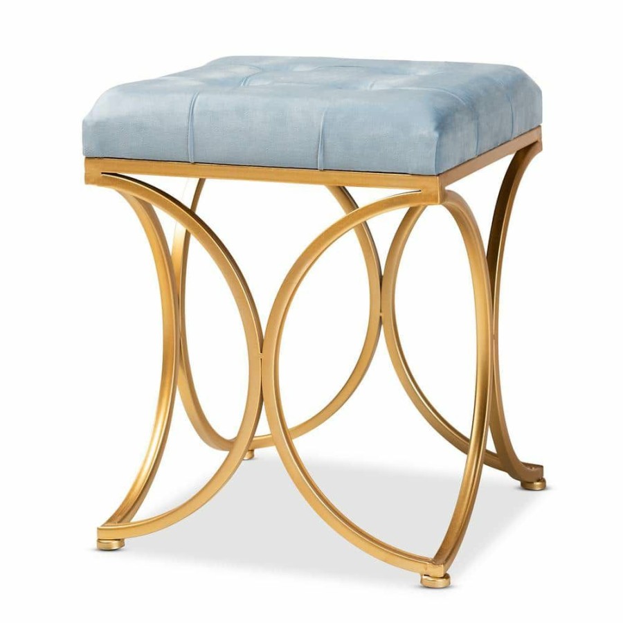 Living Room Furniture * | Margot Light Blue Velvet Metal Ottoman By Baxton Studio