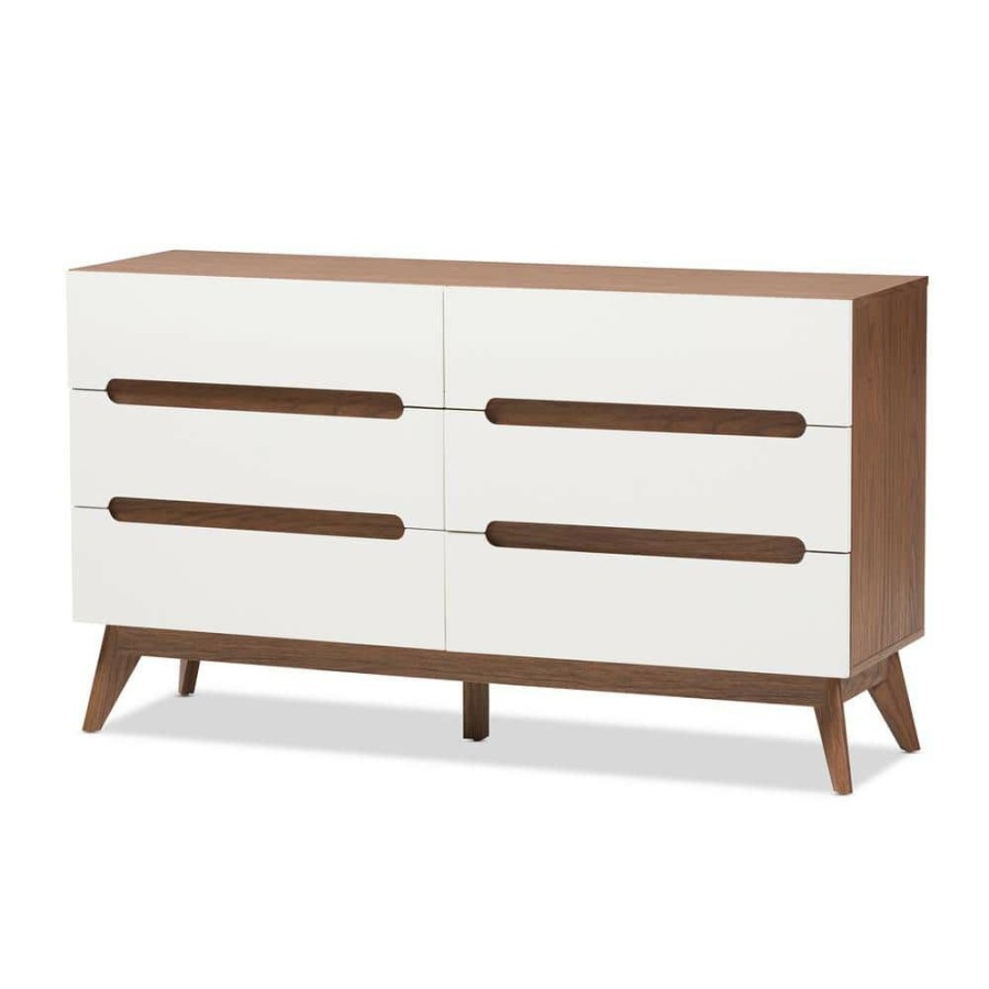 Bedroom Furniture * | Calypso 6-Drawer White And Brown Dresser By Baxton Studio