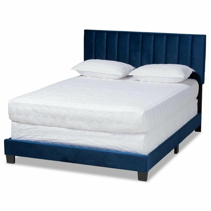 Bedroom Furniture * | Clare Navy Blue And Black Full Panel Bed By Baxton Studio