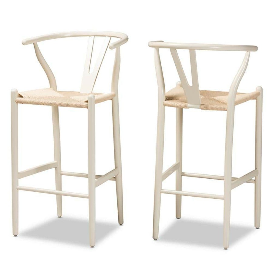 Bar Furniture * | Paxton 40.7 In. Beige And White Low Back Wood Frame Bar Stool (Set Of 2) By Baxton Studio