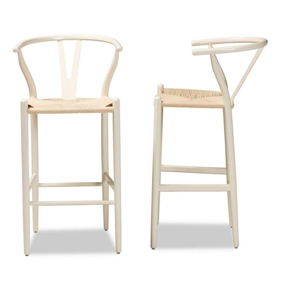 Bar Furniture * | Paxton 40.7 In. Beige And White Low Back Wood Frame Bar Stool (Set Of 2) By Baxton Studio