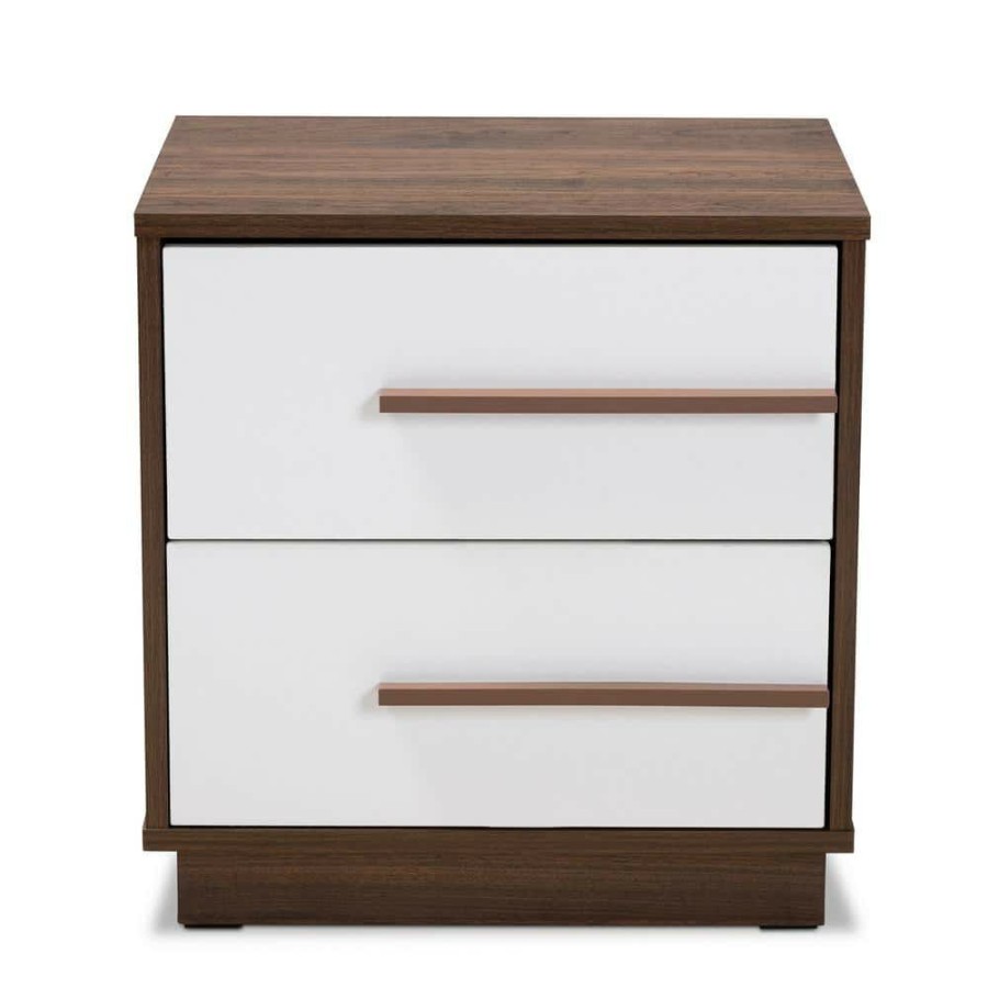 Bedroom Furniture * | Mette 2-Drawer White And Walnut Nightstand By Baxton Studio