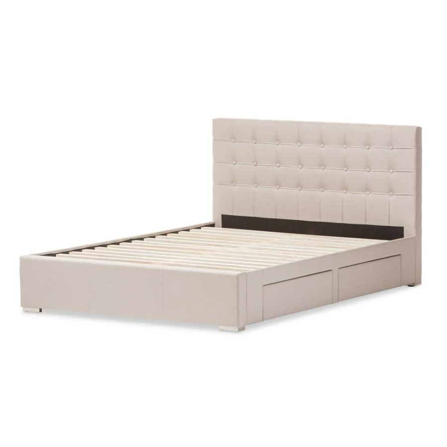 Bedroom Furniture * | Rene Beige Queen Upholstered Bed By Baxton Studio