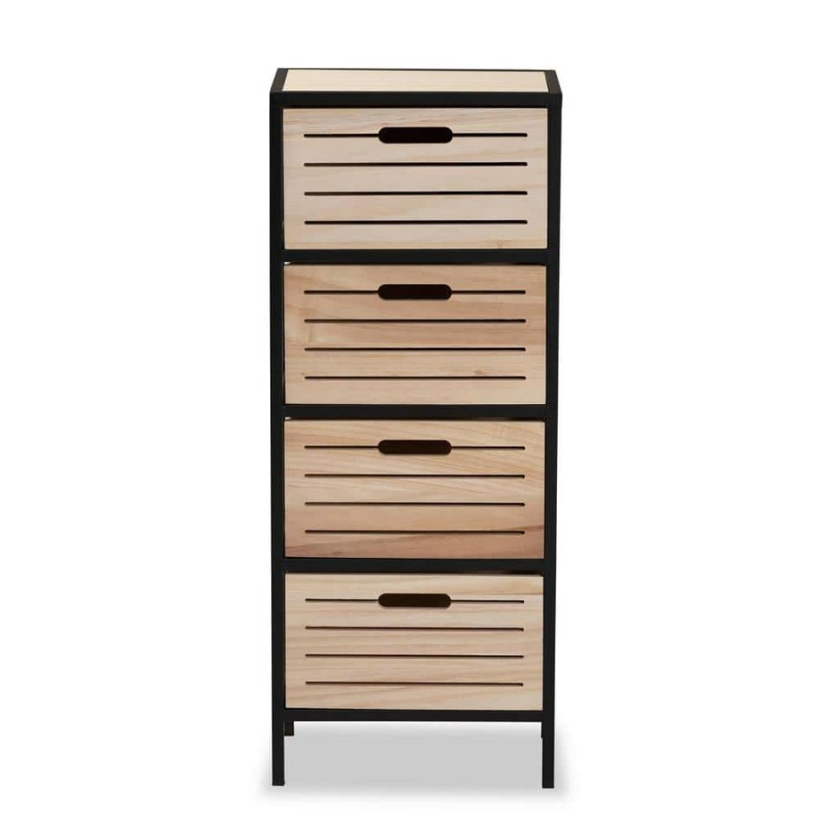 Living Room Furniture * | Gelsey Oak Brown And Black 4-Drawer Storage Cabinet By Baxton Studio