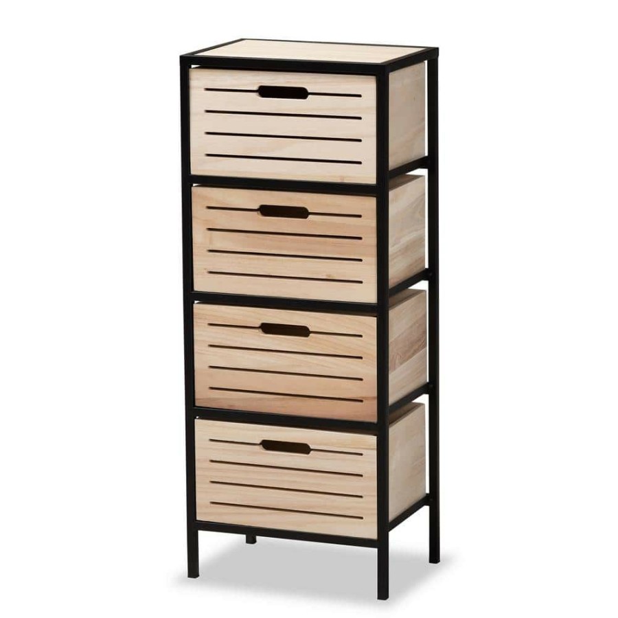 Living Room Furniture * | Gelsey Oak Brown And Black 4-Drawer Storage Cabinet By Baxton Studio