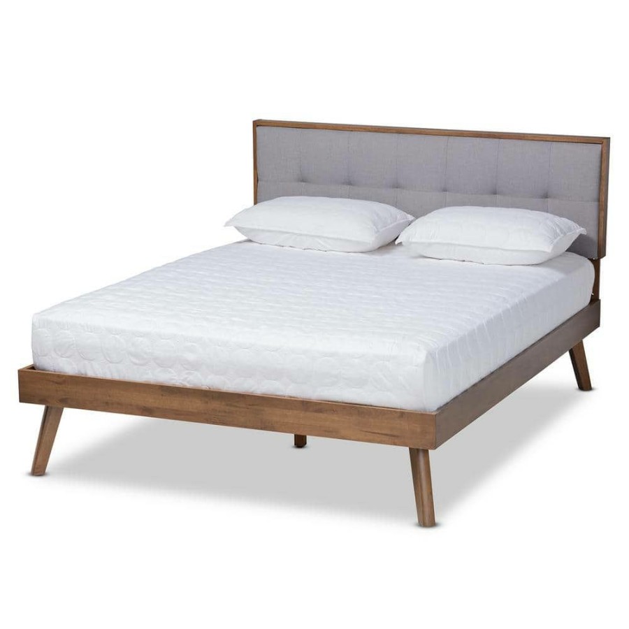 Bedroom Furniture * | Alke Light Grey And Walnut King Platform Bed By Baxton Studio