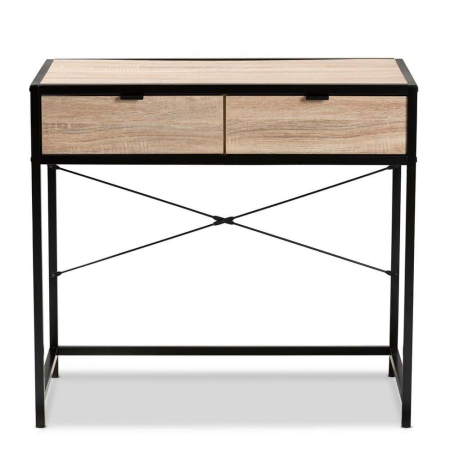 Bar Furniture * | Grayer 33.1 In. Natural Brown And Black 2-Drawer Writing Desk By Baxton Studio