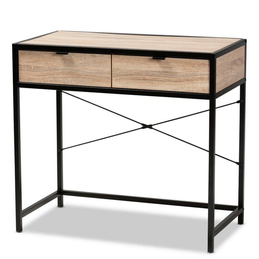 Bar Furniture * | Grayer 33.1 In. Natural Brown And Black 2-Drawer Writing Desk By Baxton Studio