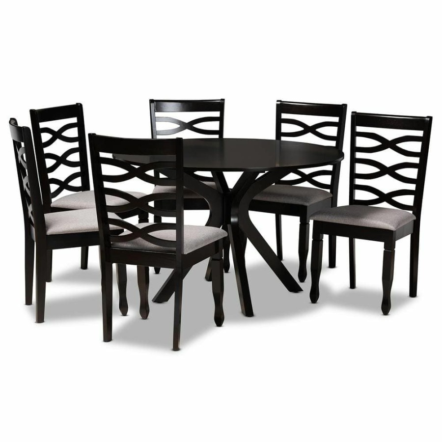 Living Room Furniture * | Mila 7-Piece Grey And Dark Brown Dining Set By Baxton Studio