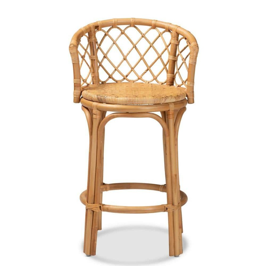 Bar Furniture * | Orchard 36.75 In. Natural Brown Low Back Rattan Standard Height Bar Stool By Baxton Studio