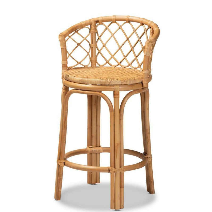 Bar Furniture * | Orchard 36.75 In. Natural Brown Low Back Rattan Standard Height Bar Stool By Baxton Studio