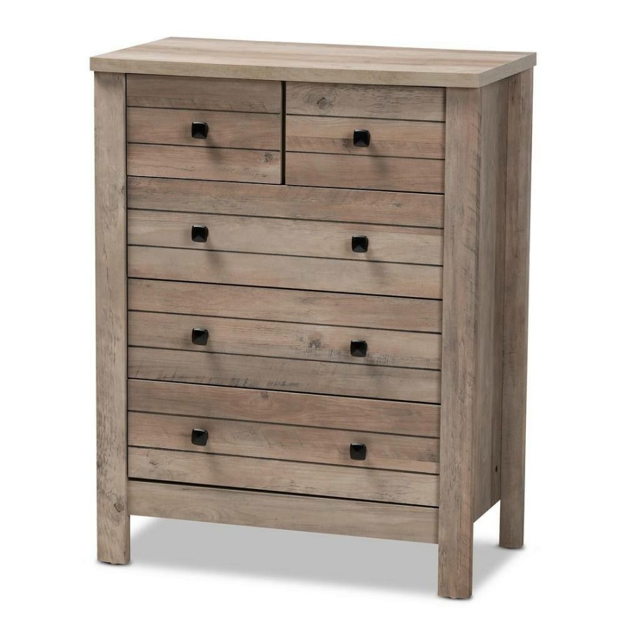 Bar Furniture * | Derek 5-Drawer Natural Oak Chest Of Drawers 36.4 In. H X 28.5 In. W X 15.6 In. D By Baxton Studio