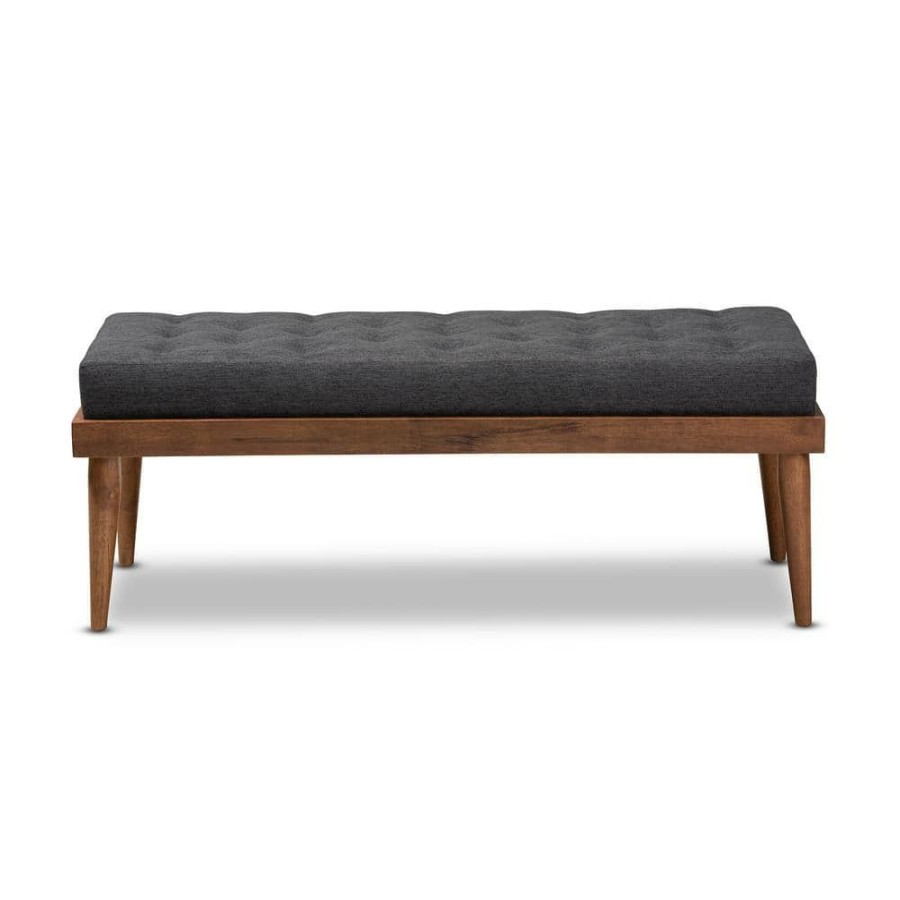 Living Room Furniture * | Linus Charcoal And Walnut Bench By Baxton Studio