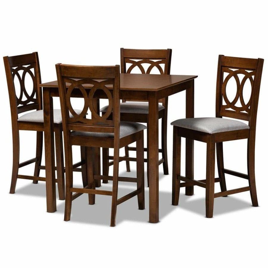 Living Room Furniture * | Lenoir 5-Piece Grey And Walnut Pub Set By Baxton Studio