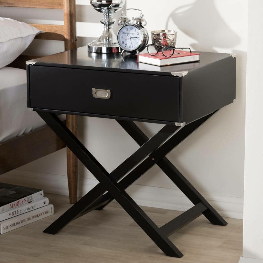 Bedroom Furniture * | Curtice 1-Drawer Black Nightstand By Baxton Studio