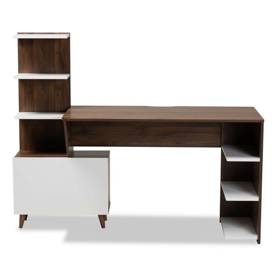 Bar Furniture * | Tobias 60.6 In. White And Walnut Brown Computer Desk By Baxton Studio