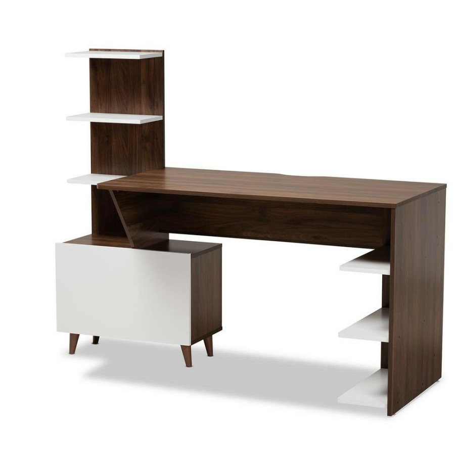 Bar Furniture * | Tobias 60.6 In. White And Walnut Brown Computer Desk By Baxton Studio