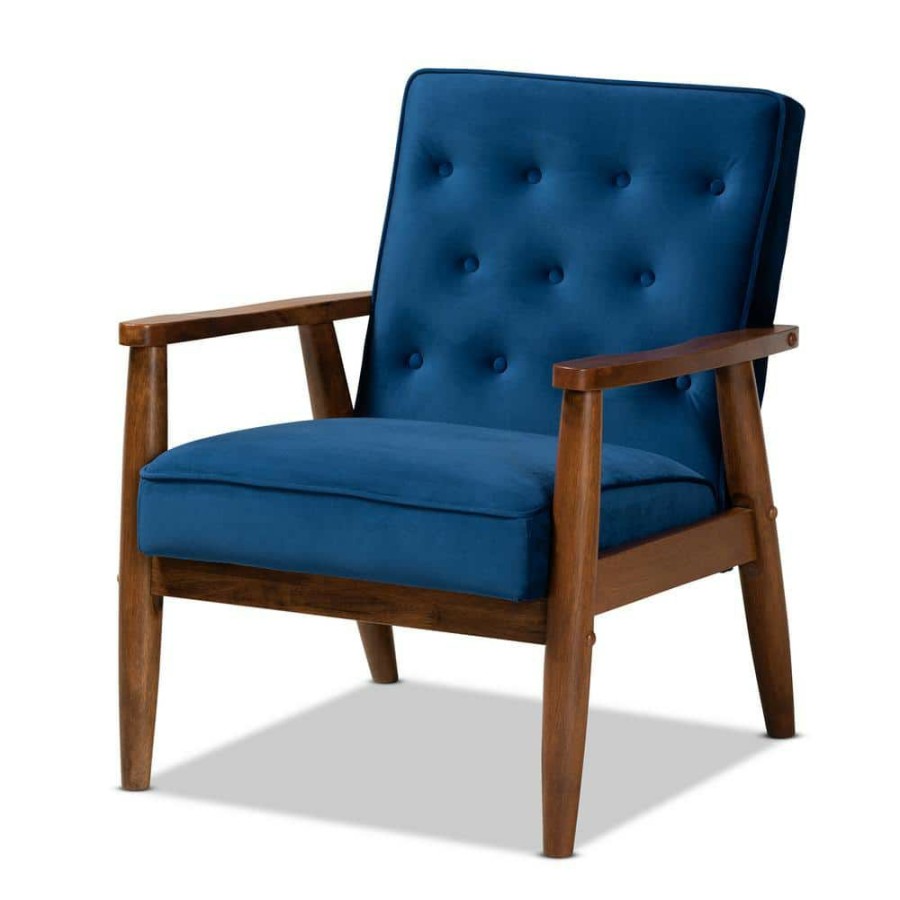 Living Room Furniture * | Sorrento Navy Blue Velvet Lounge Chair By Baxton Studio