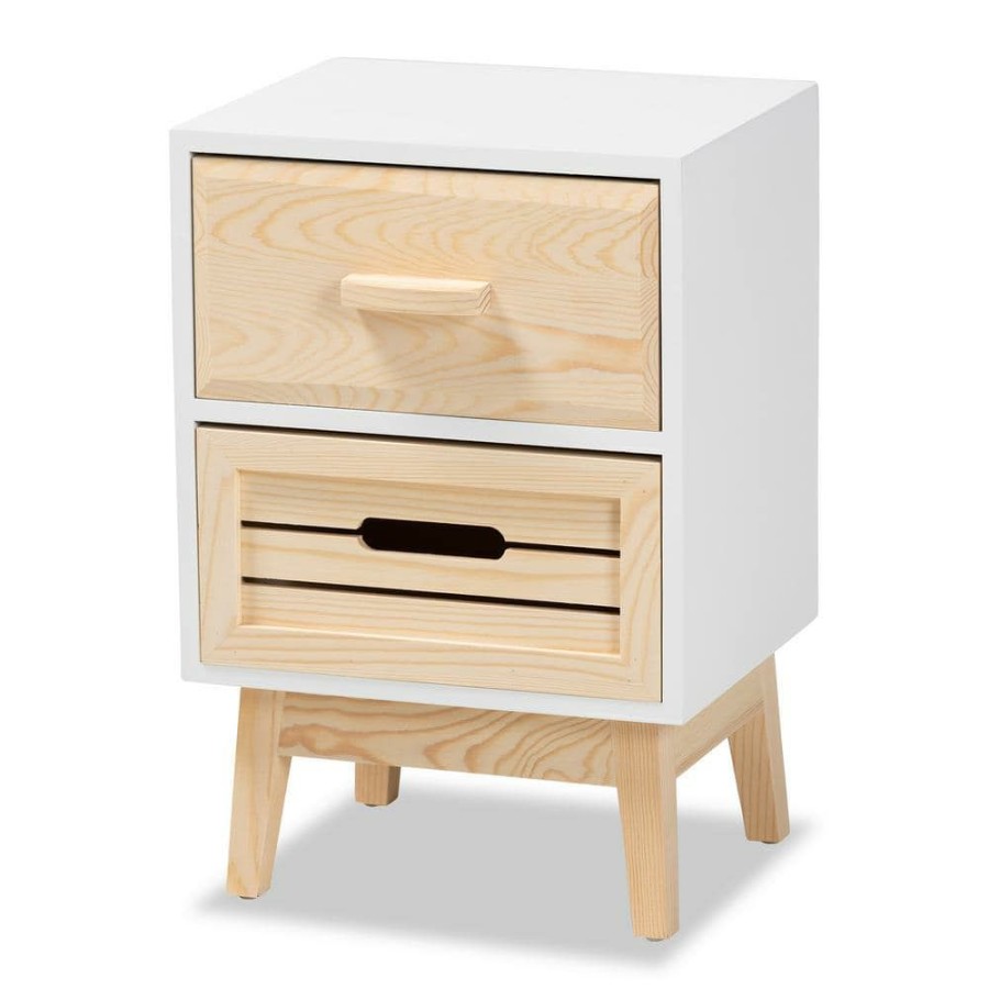 Bedroom Furniture * | Kalida 2-Drawer White And Oak Brown Nightstand (17.3 In. H X 11.8 In. W X 9.8 In. D) By Baxton Studio