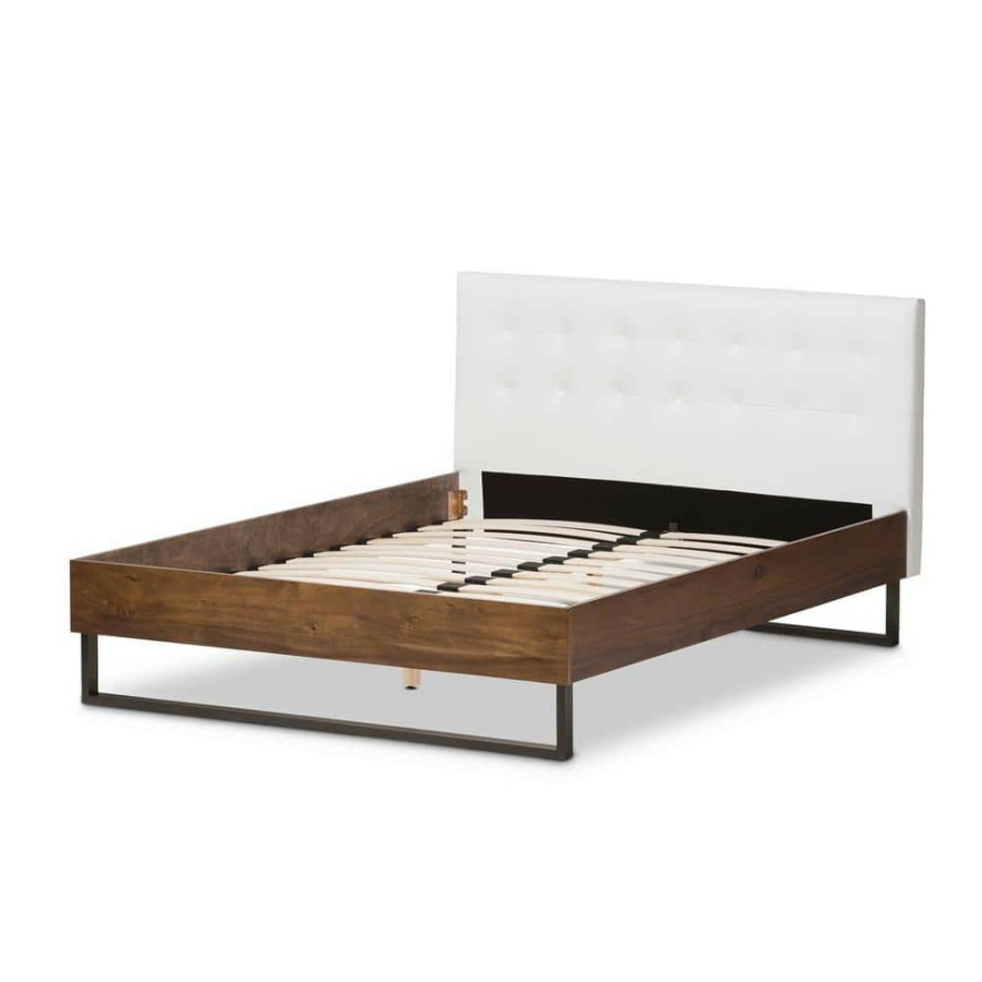 Bedroom Furniture * | Mitchell White Faux Leather Upholstered King Platform Bed By Baxton Studio