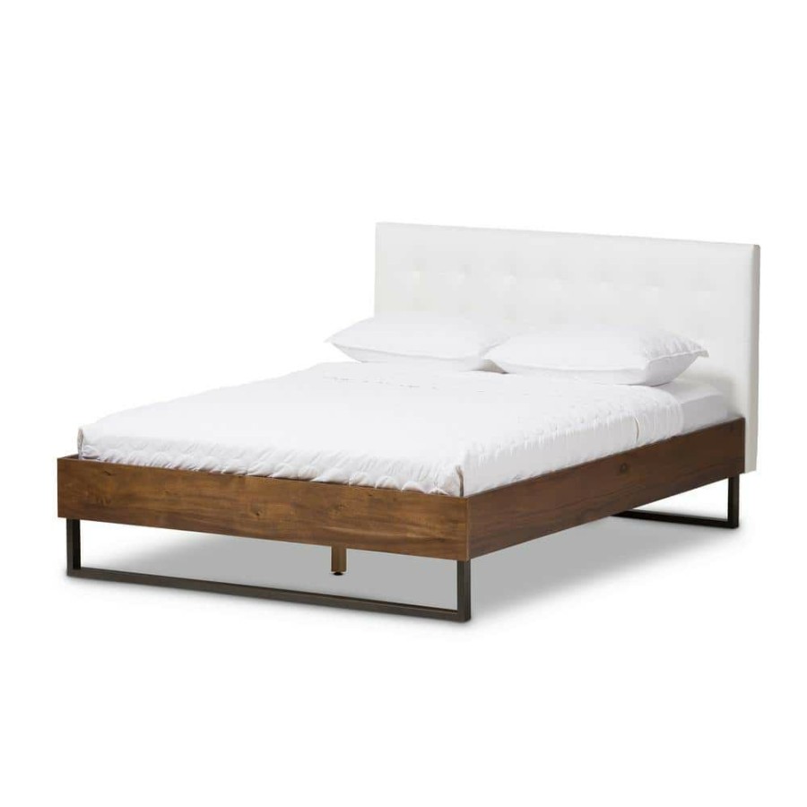 Bedroom Furniture * | Mitchell White Faux Leather Upholstered King Platform Bed By Baxton Studio