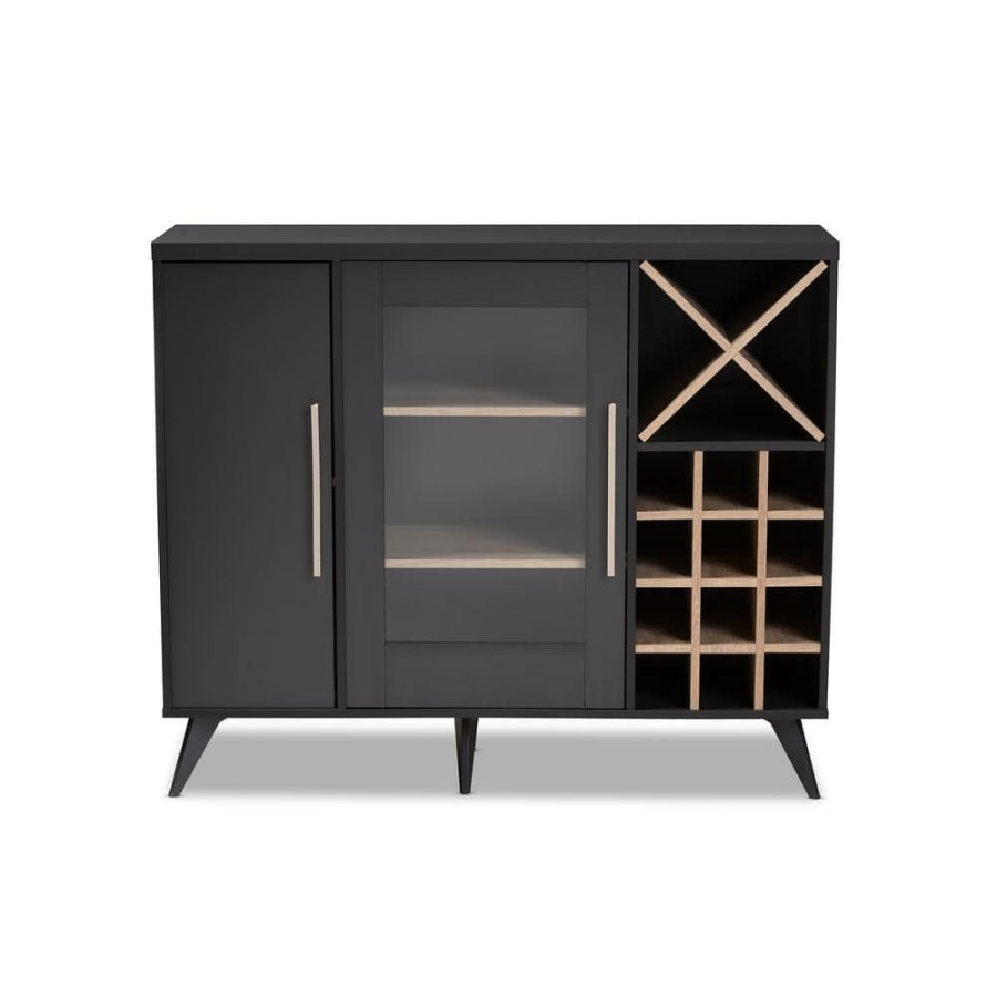 Bar Furniture * | Pietro 24-Bottle Dark Gray And Oak Brown Wine Cabinet By Baxton Studio