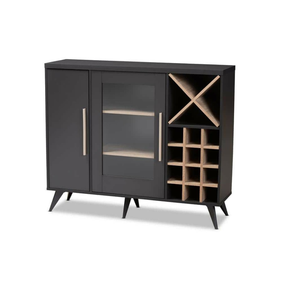 Bar Furniture * | Pietro 24-Bottle Dark Gray And Oak Brown Wine Cabinet By Baxton Studio