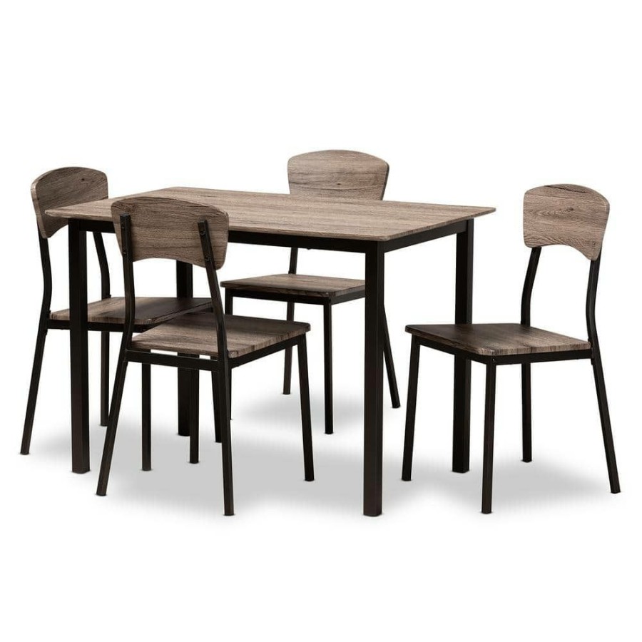 Living Room Furniture * | Marcus 5-Piece Black And Oak Dining Set By Baxton Studio