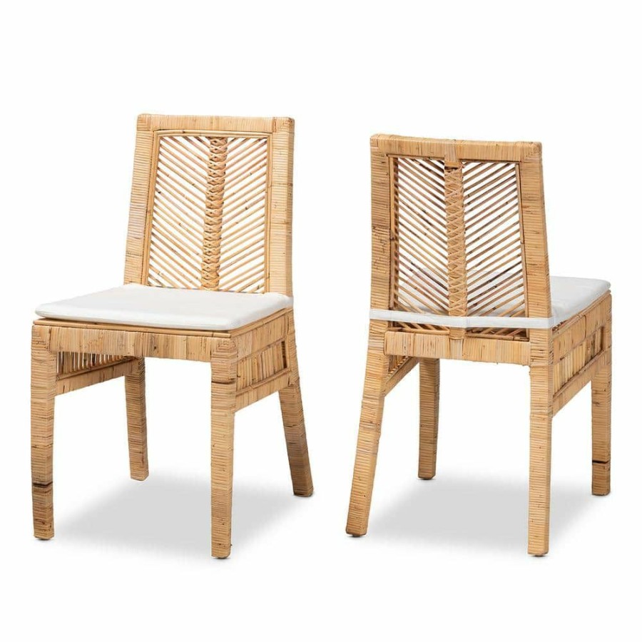 Living Room Furniture * | Suci White And Natural Brown Dining Chair By Baxton Studio