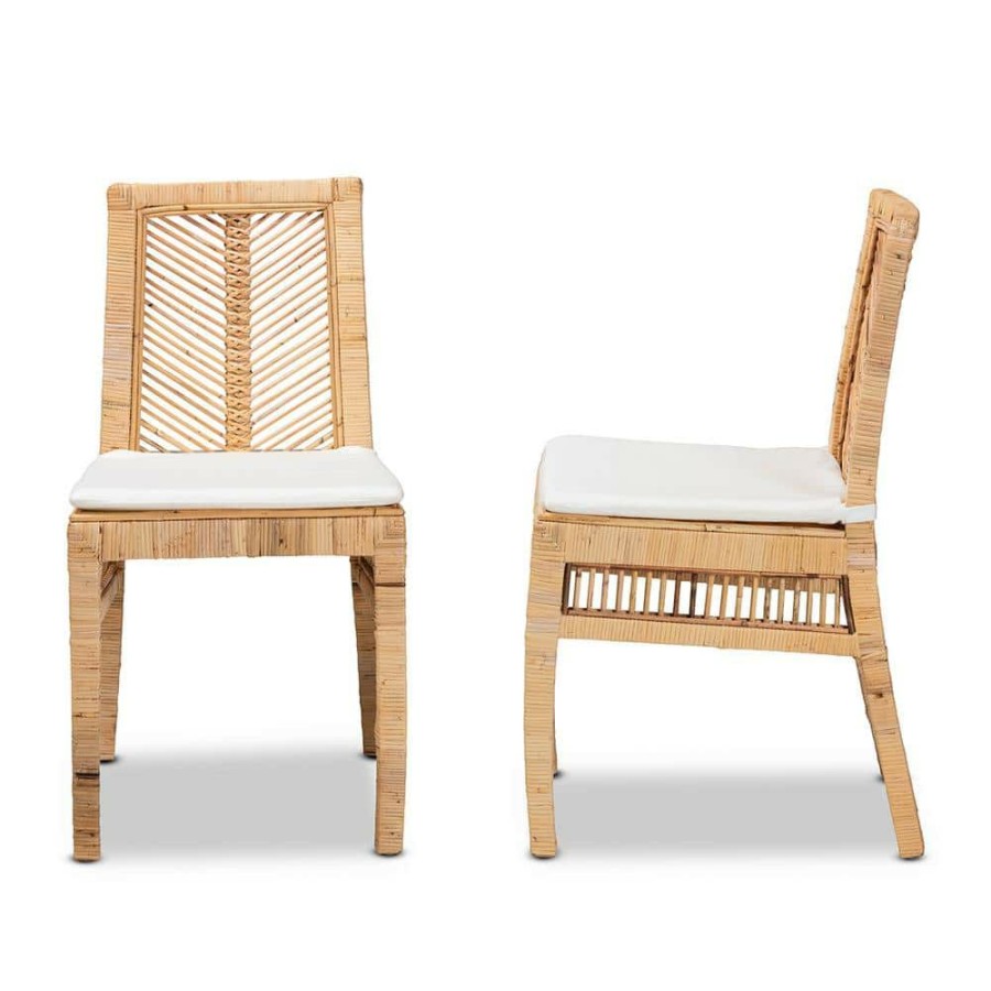 Living Room Furniture * | Suci White And Natural Brown Dining Chair By Baxton Studio