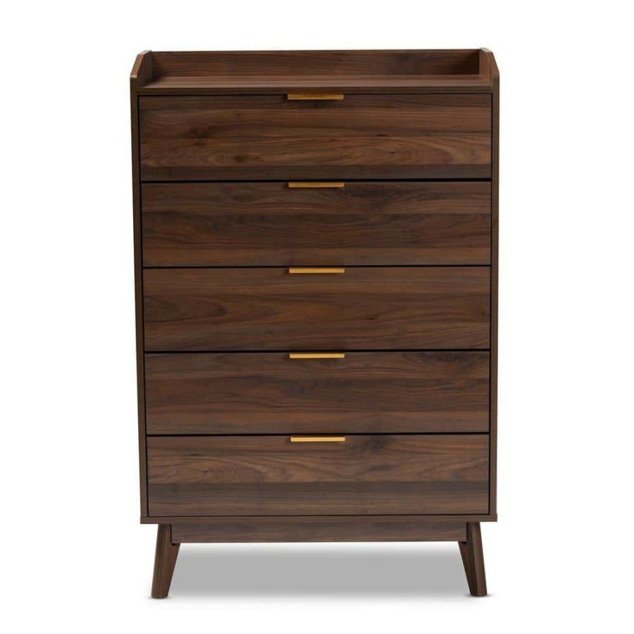 Bedroom Furniture * | Lena 5-Drawer Walnut Chest By Baxton Studio