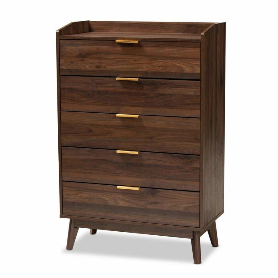 Bedroom Furniture * | Lena 5-Drawer Walnut Chest By Baxton Studio