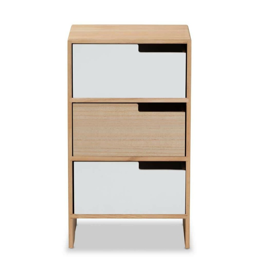 Living Room Furniture * | Eben Oak Brown And White Storage Cabinet With 3-Drawers By Baxton Studio