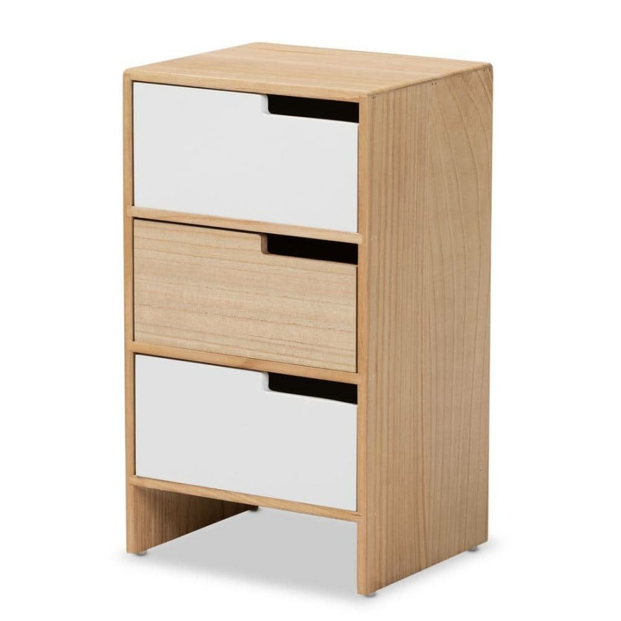 Living Room Furniture * | Eben Oak Brown And White Storage Cabinet With 3-Drawers By Baxton Studio