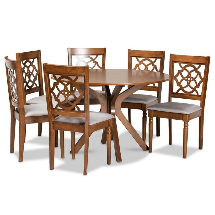 Living Room Furniture * | Sadie 7-Piece Grey And Walnut Brown Dining Set By Baxton Studio