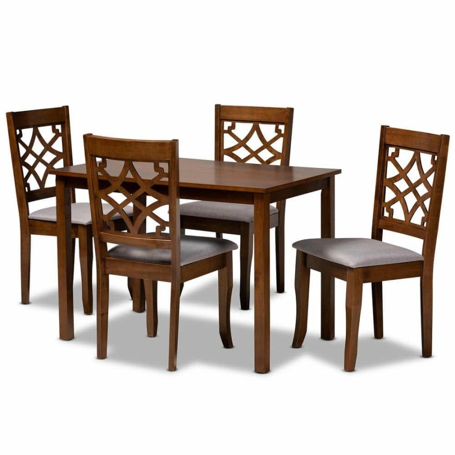 Living Room Furniture * | Celina 5-Piece Grey And Walnut Brown Dining Set By Baxton Studio