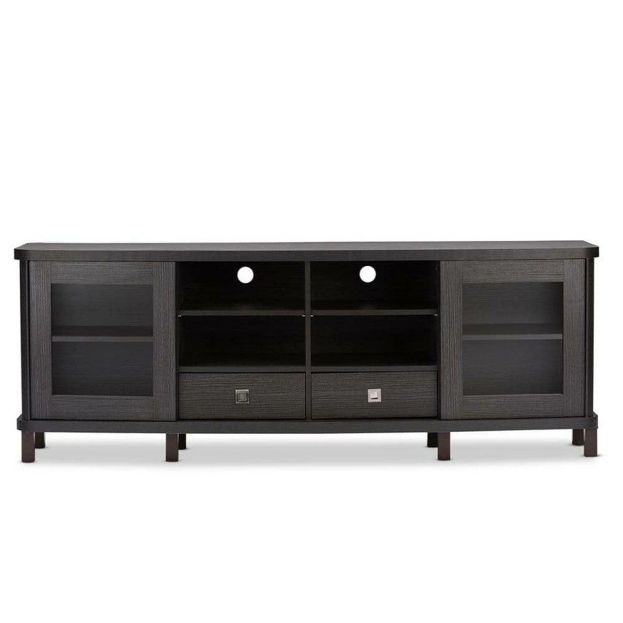 Living Room Furniture * | Walda 70 In. Dark Brown Wood Tv Stand With 2 Drawer Fits Tvs Up To 78 In. With Storage Doors By Baxton Studio