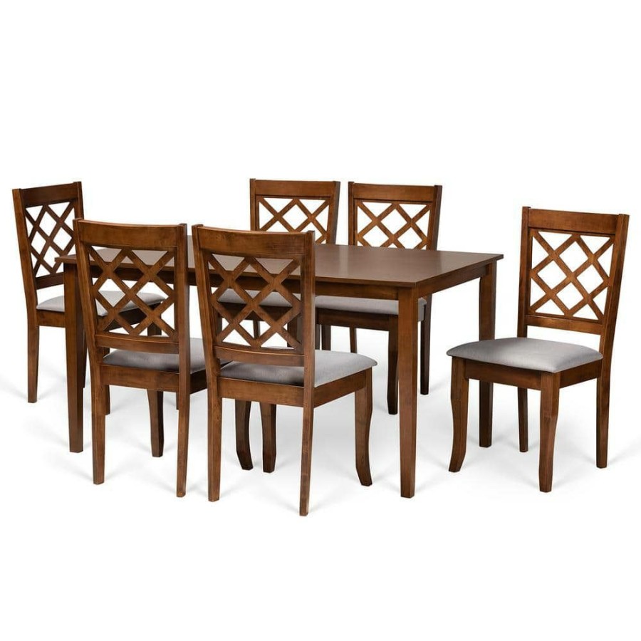 Living Room Furniture * | Verner 7-Piece Grey And Walnut Brown Dining Set By Baxton Studio