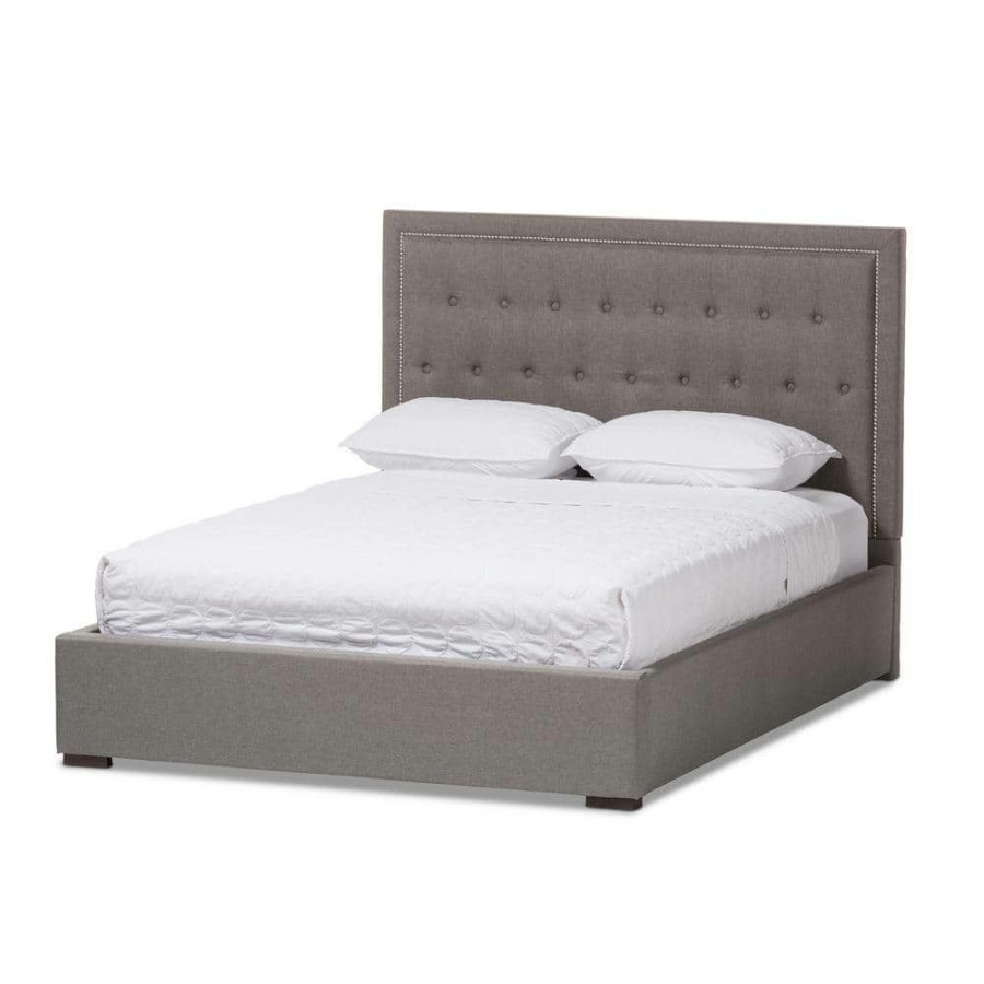 Bedroom Furniture * | Taylor Gray Fabric Upholstered Queen Platform Bed By Baxton Studio