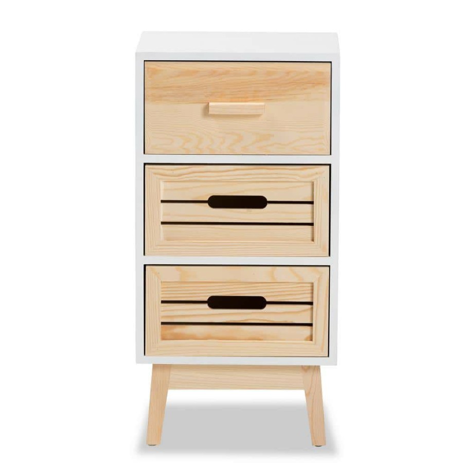 Living Room Furniture * | Kalida White And Oak Brown 3-Drawer Storage Cabinet By Baxton Studio